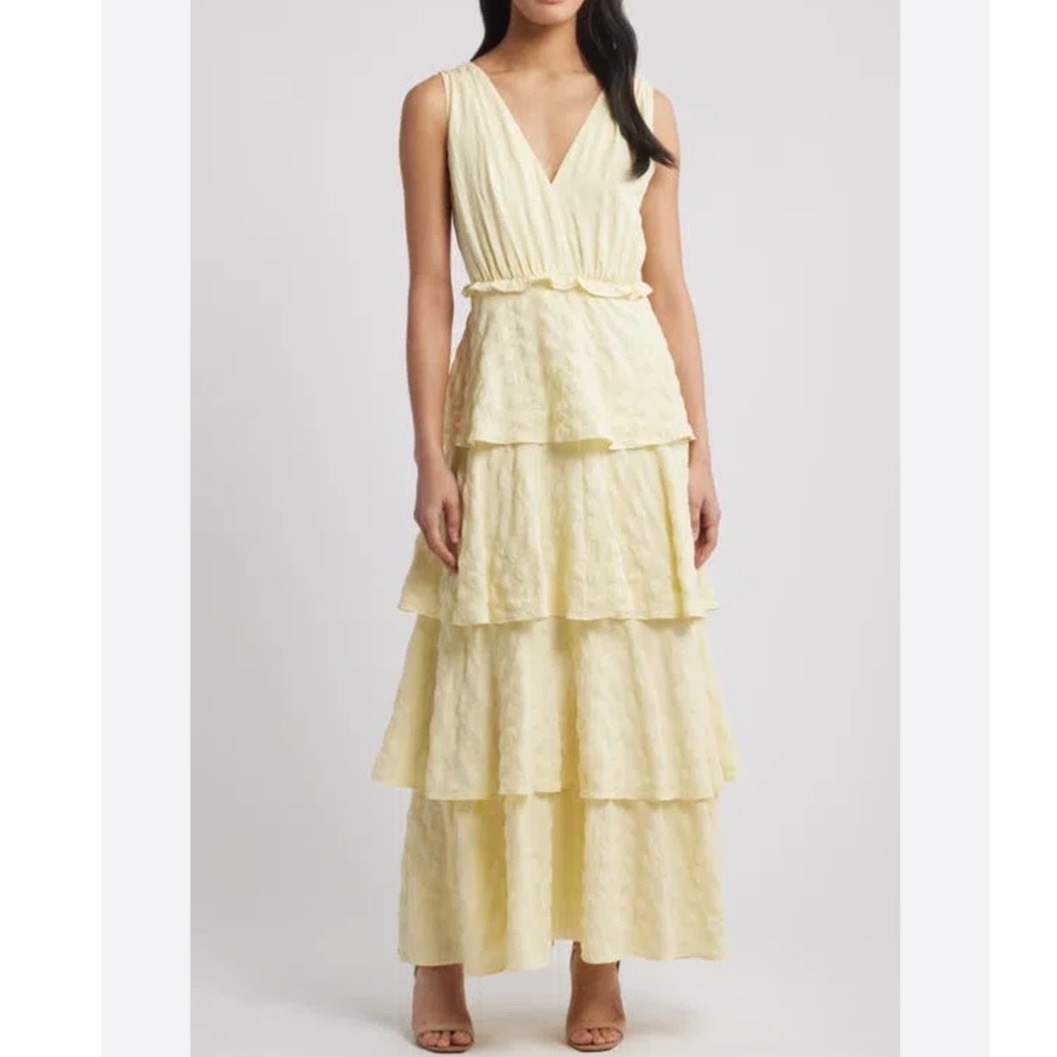 Chelsea28 Maya Tiered Yellow Pastel V-Neck Ruffle Sleeveless Maxi Dress New!